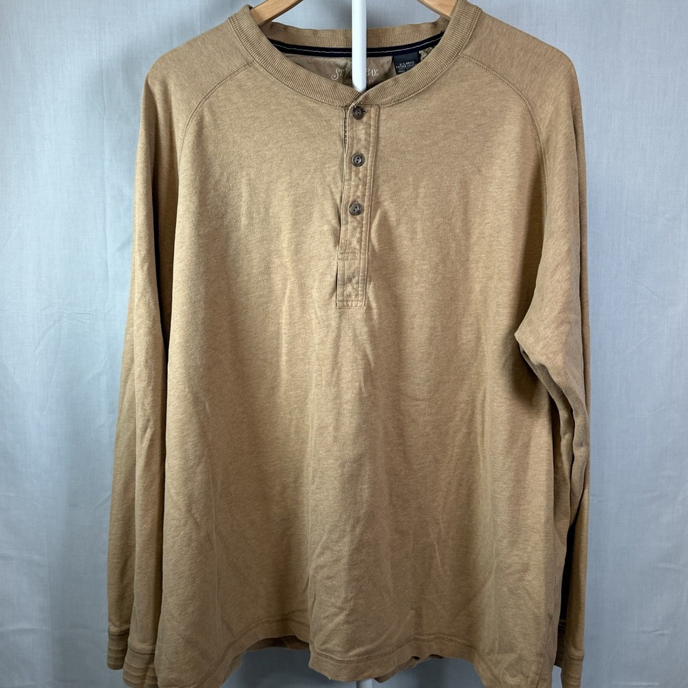 St Johns Bay Sueded Jersey Henley Mens XL Tan Long Sleeve Cotton Shirt RN 93677